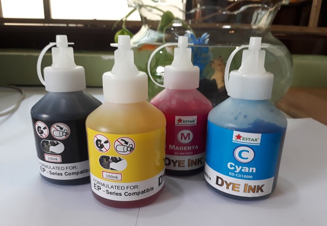 4 màu mực đổ in phun Epson 100ml: Xanh, Đỏ, Vàng, Đen. Chai, lọ mực nước Dye Ink bơm nạp hệ thống ngoài máy in phun Epson