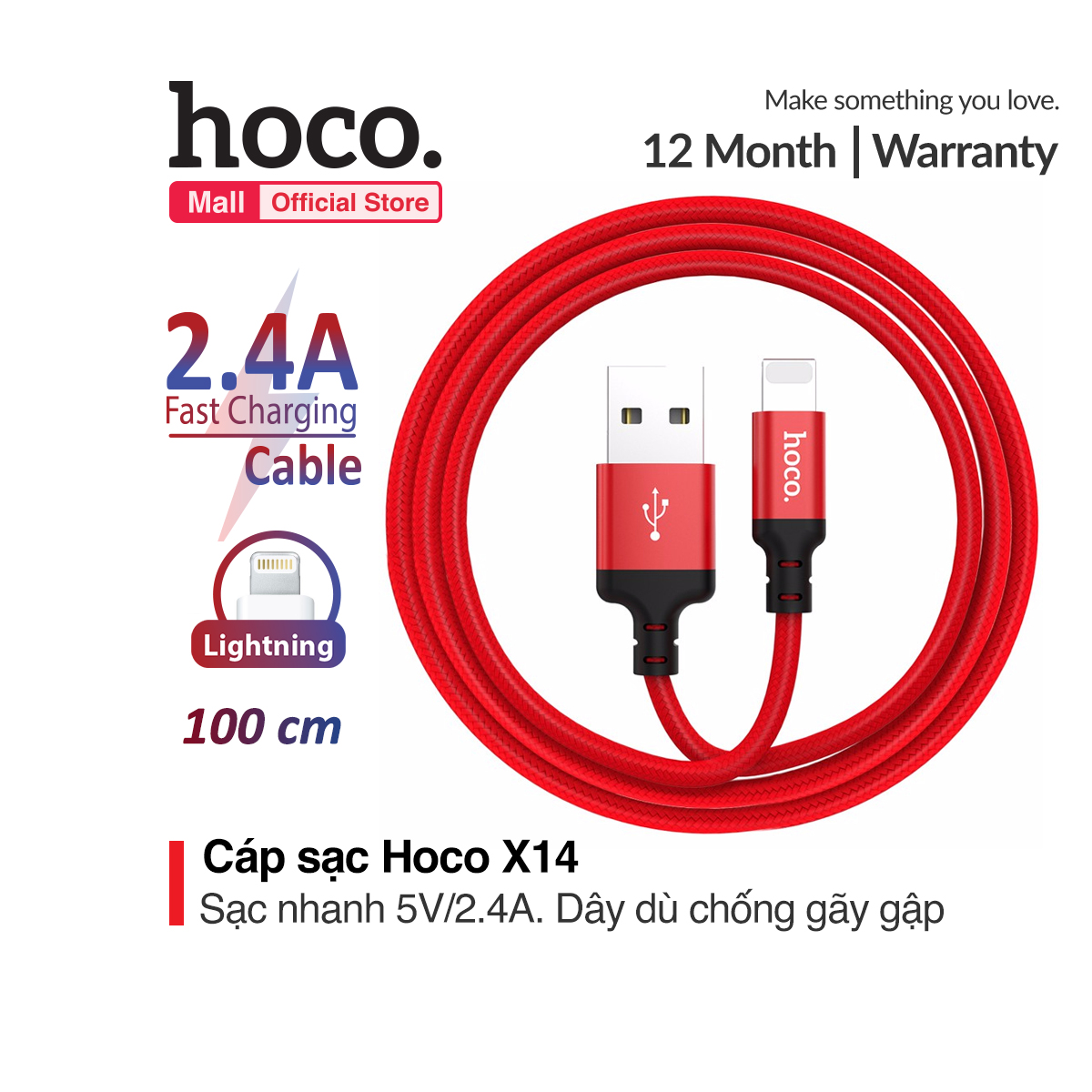 Cáp sạc nhanh và truyền dữ liệu Lightning Hoco X14 cho iPhone XS max iPhone 11 iPhone 11 Pro max sạc nhanh 2.4A dây sạc bọc dù chống rối chống đứt