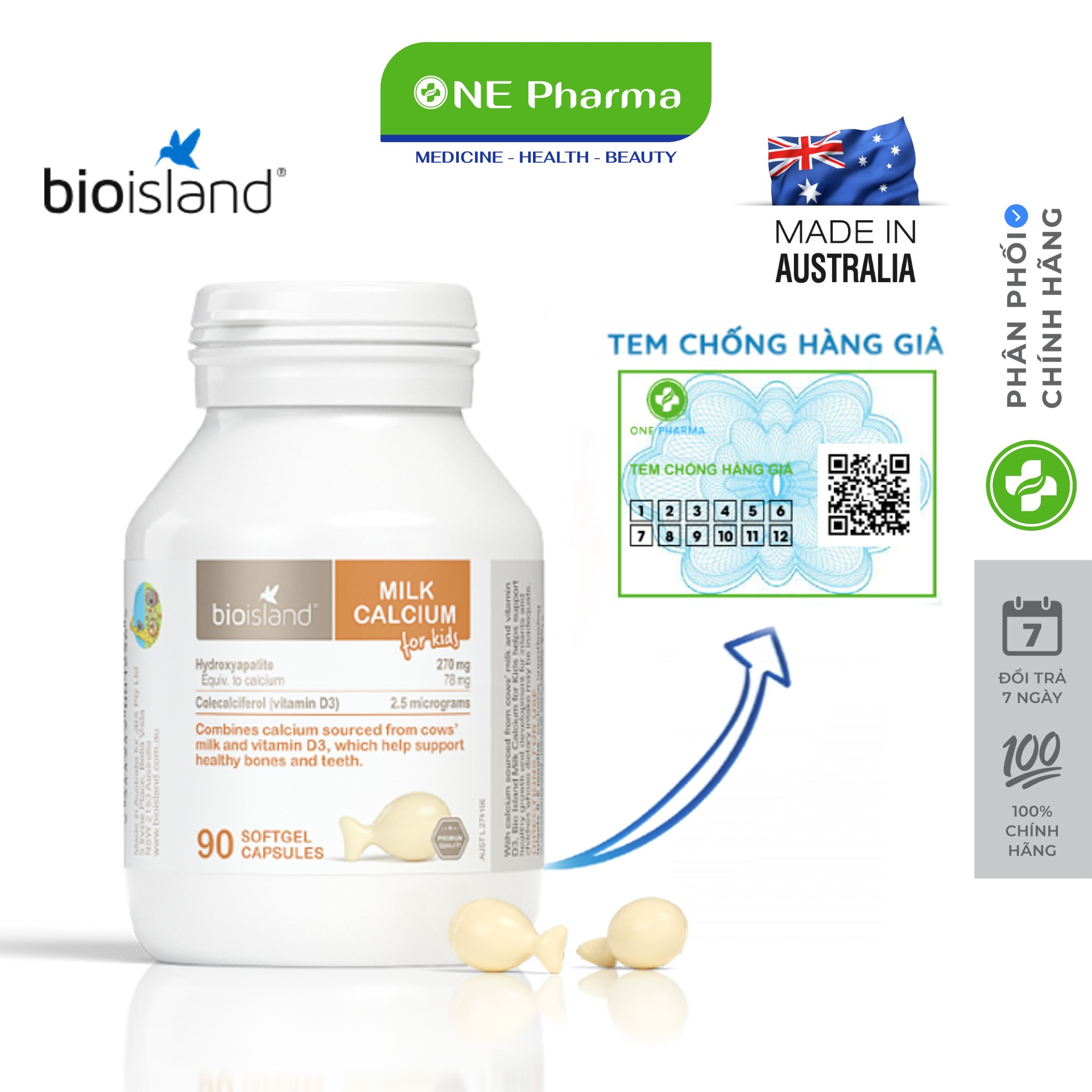 Viên uống bổ sung Canxi cho bé Bioisland Milk Calcium 90 viên của Úc