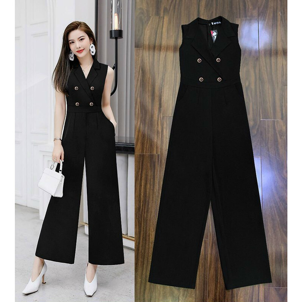 Jum dài ống suông cổ vest phối 4 nút