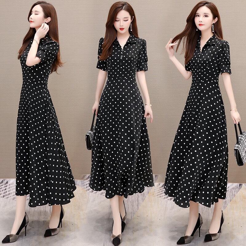 đầm xòe châm bi tay lỡ cổ sơ mi QC265303