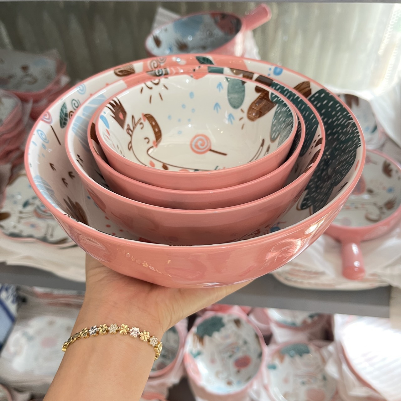 Bát Đĩa Gốm Sứ Decor, Bát Ăn Cơm, Bát Ăn Chè, Chén Dĩa Dễ Thương Bộ Bát Đĩa Hươu Hồng 15 món Xinh Yêu Gomsudecor21