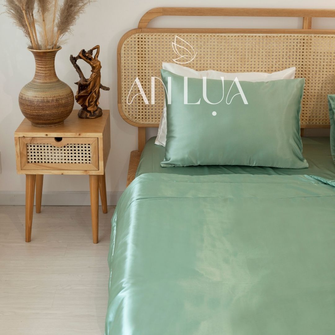 Bộ chăn drap 5 món An Lụa vải lụa mịn mát và thân thiện cho da - Xanh đậu