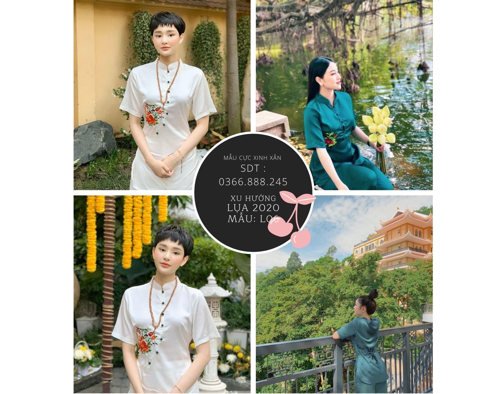 Đồ Lam Đi Chùa -Pháp Phục  Đi lễ chùa Lụa thêu hoa L06