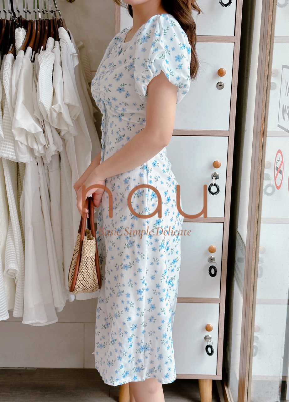 Đầm hoa nút bọc cổ tròn 3 màu
