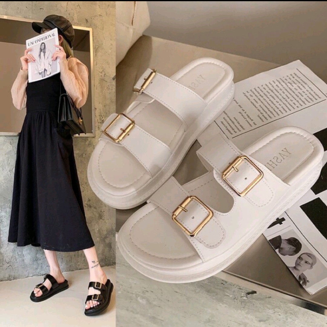 Dép bánh mì 2 khóa vuông quai da mềm êm chân, phong cách thể thao