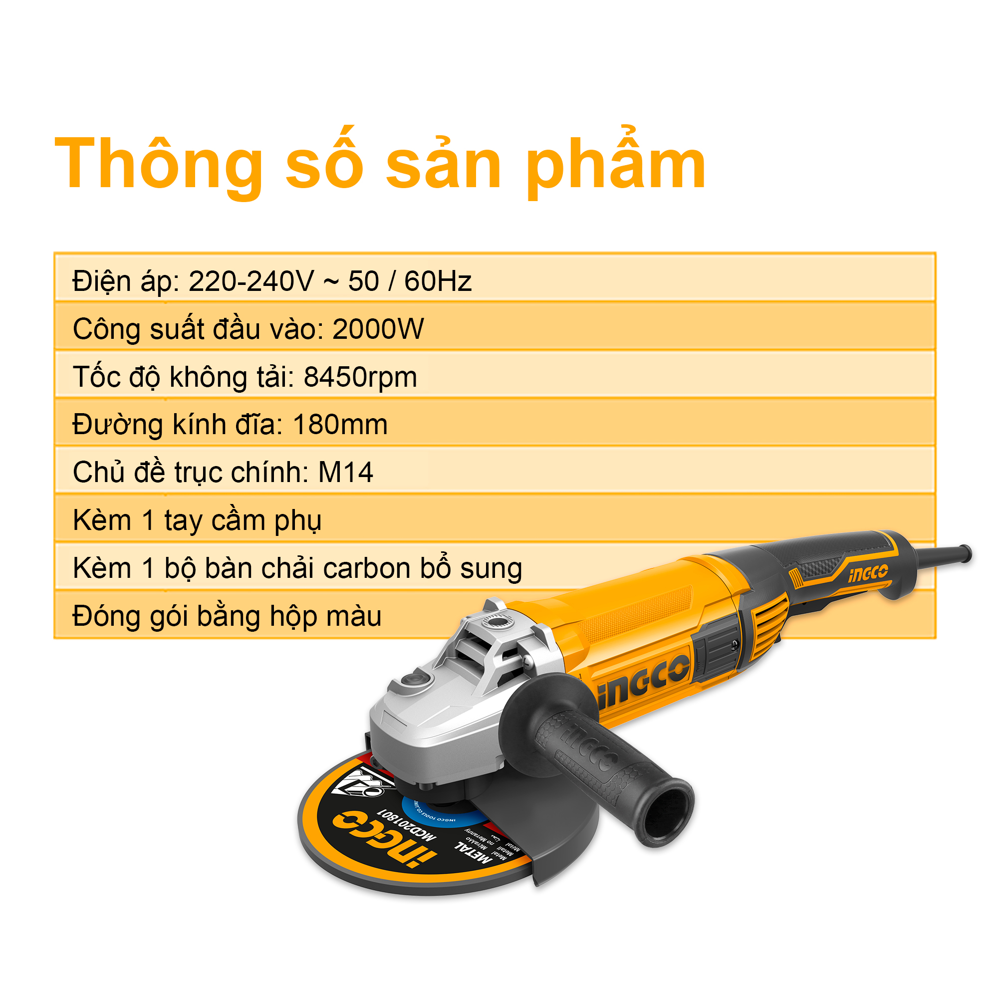 Máy mài góc 2000W INGCO AG200018 lưỡi cắt 180mm, trục M14