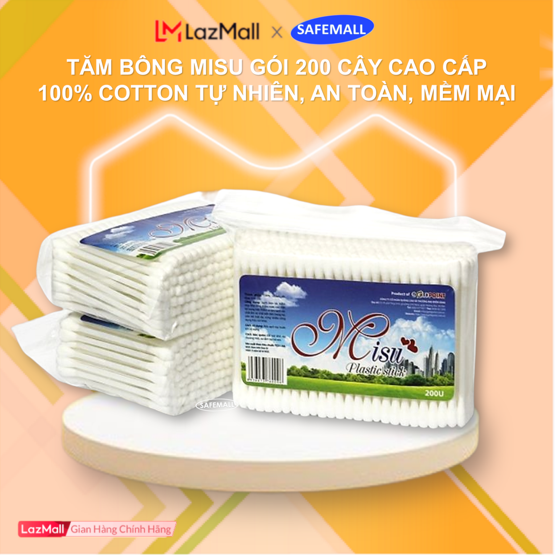 Tăm bông ráy tai Misu gói 200 que lõi nhựa cao cấp 100% cotton thấm hút tốt, Tăm bông Misu đa công dụng vệ sinh, trang điểm..., Tăm bông ráy tai người lớn trẻ em - Hàng chính hãng SafeMall