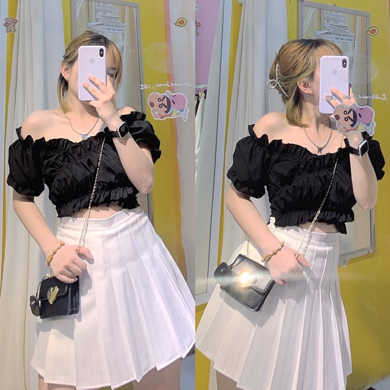 Áo croptop Bèo cổ v đắp chéo buộc nơ Áo Kiểu Tay Phồng Cột Eo mặc đi chơi siêu đẹp Phong Cách Ulzzang