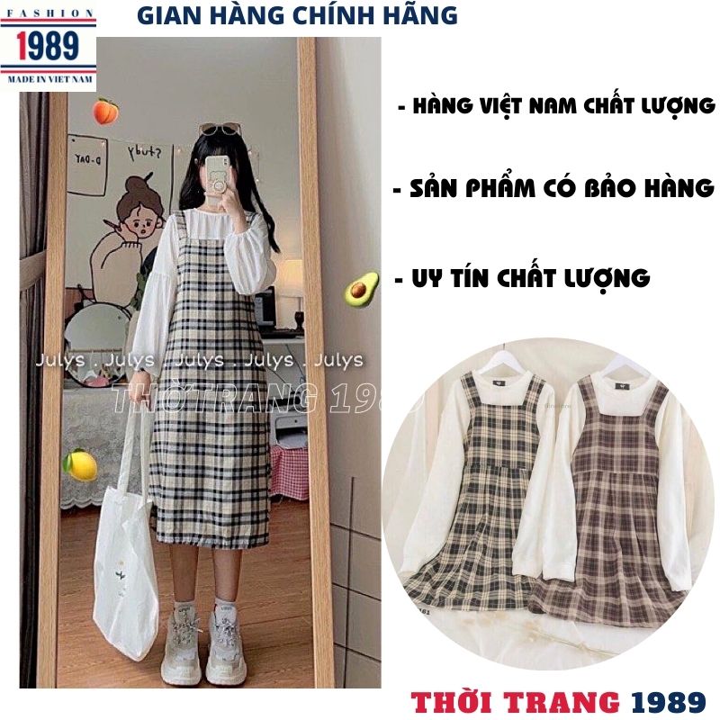 Sét yếm váy babydoll kẻ caro tặng kèm áo thun dài tay -kiểu dáng hàn quốc ,yếm váy kèm áo ,yếm váy kẻ caro ,sét bộ đi chơi , yếm kèm áo thun tiểu thư dễ thương -THỜI TRANG 1989