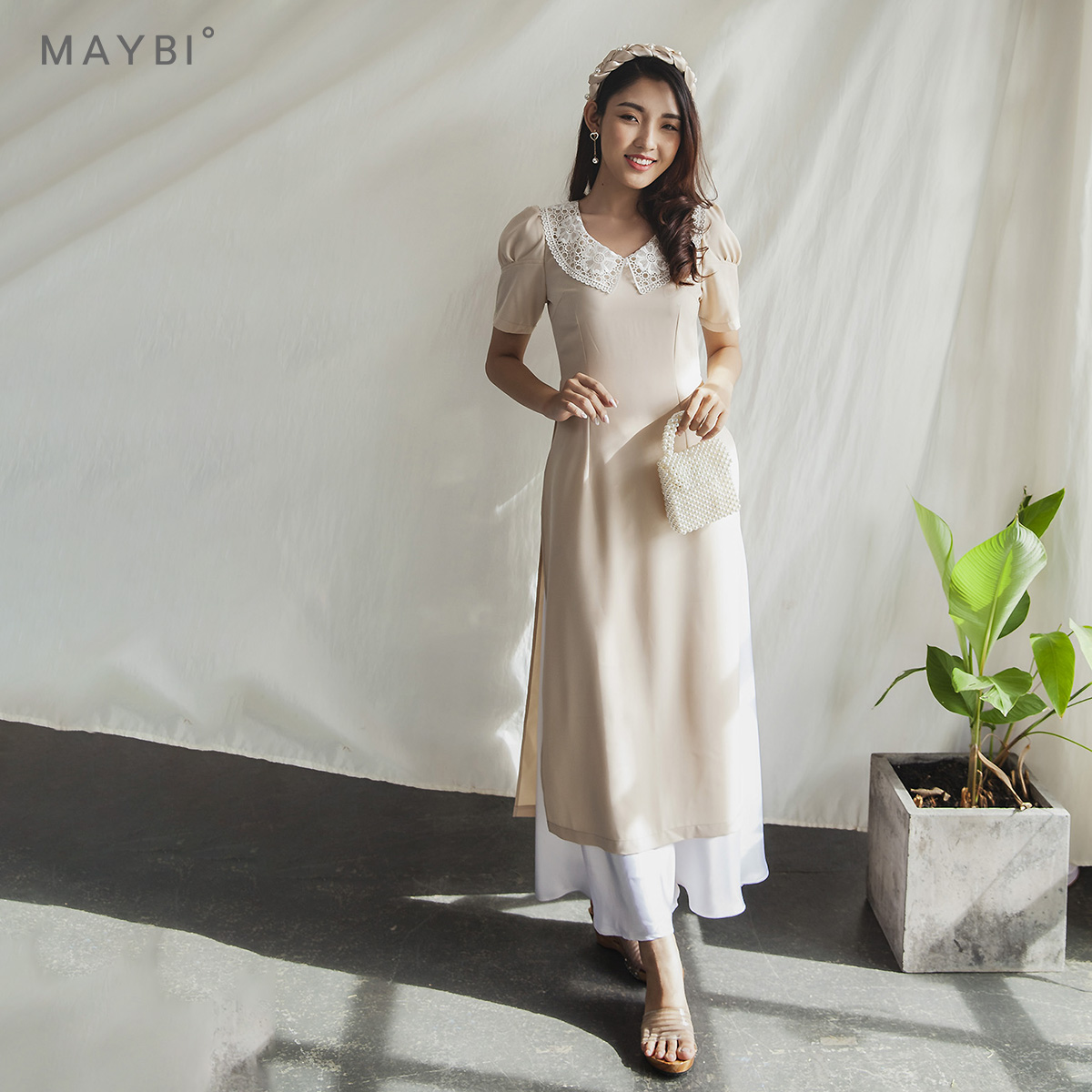 [NHẬP MÃ LAZSOCIALBAU100K GIẢM NGAY 15%] Áo dài Mỹ Anh MAYBI lụa tuyết màu be (Không kèm quần lụa)