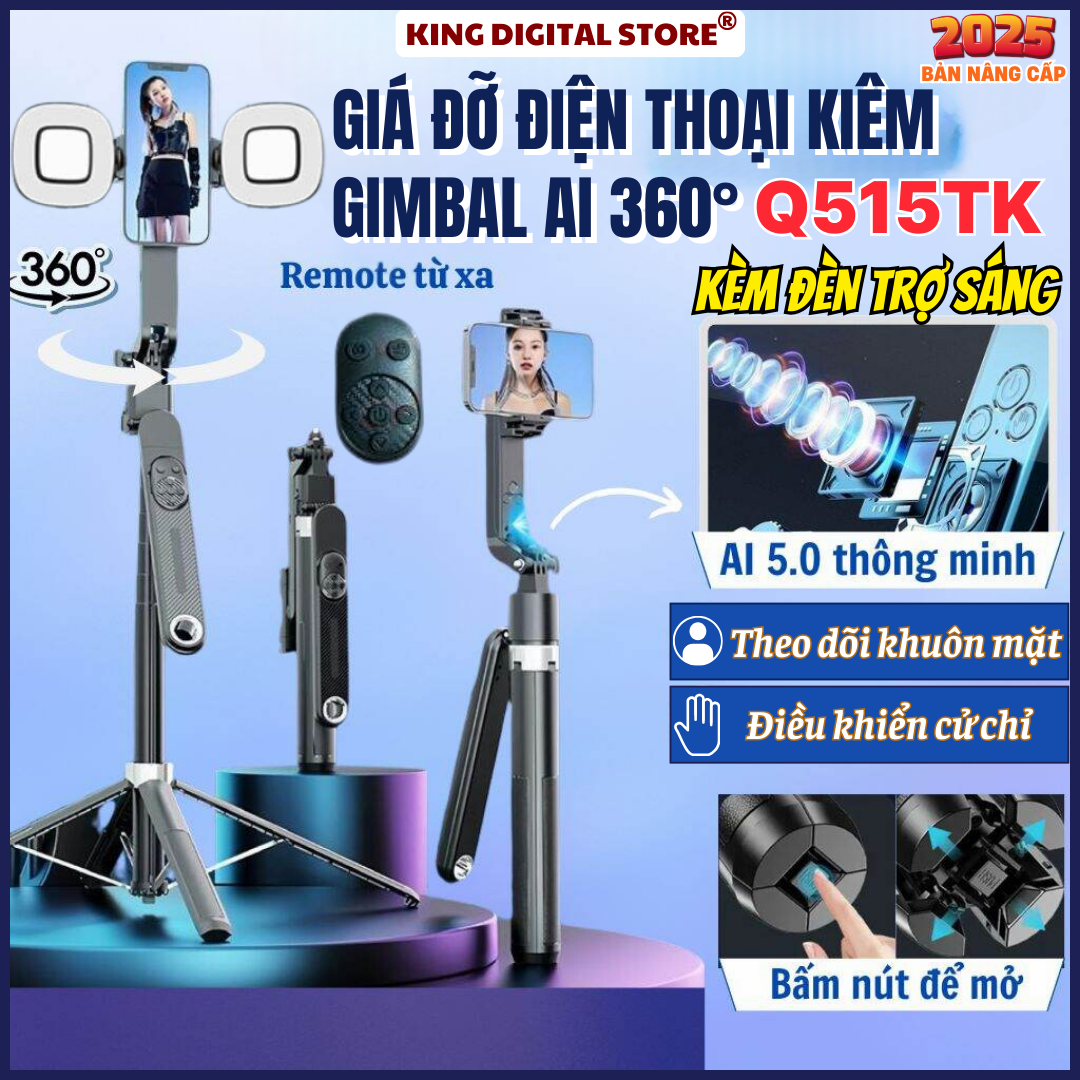 Gậy Chụp Ảnh 4 Chân Tích Hợp Gimbal AI Thông Minh Q515TK – Tripod Điện Thoại Theo Dõi Chuyển Động Xoay 360 Độ Kéo Dài 180 cm Gậy Selfile Có Remote Kết Nối Bluetooth Tích Đèn Trợ Sáng