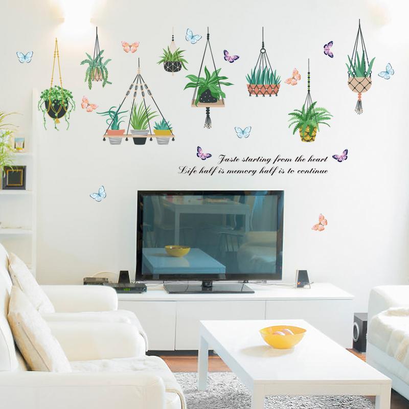 Decal dán tường giỏ hoa xương rồng SK9329 - Decal dán tường cây xanh ,Decal dán tường hoa lá
