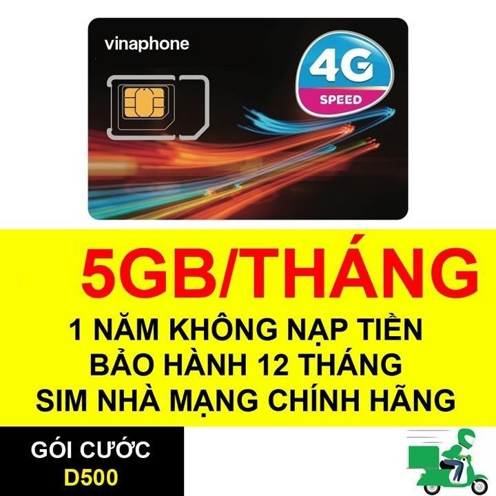 SIM 4G Vina D500 Trọn Gói 1 Năm Không Nạp Tiền 5GB 1 Tháng  - BẢO HÀNH 1 ĐỔI 1 từ MƯỜNG THANH ROYAL FREESHIP - CHƯA KÍCH HOẠT.