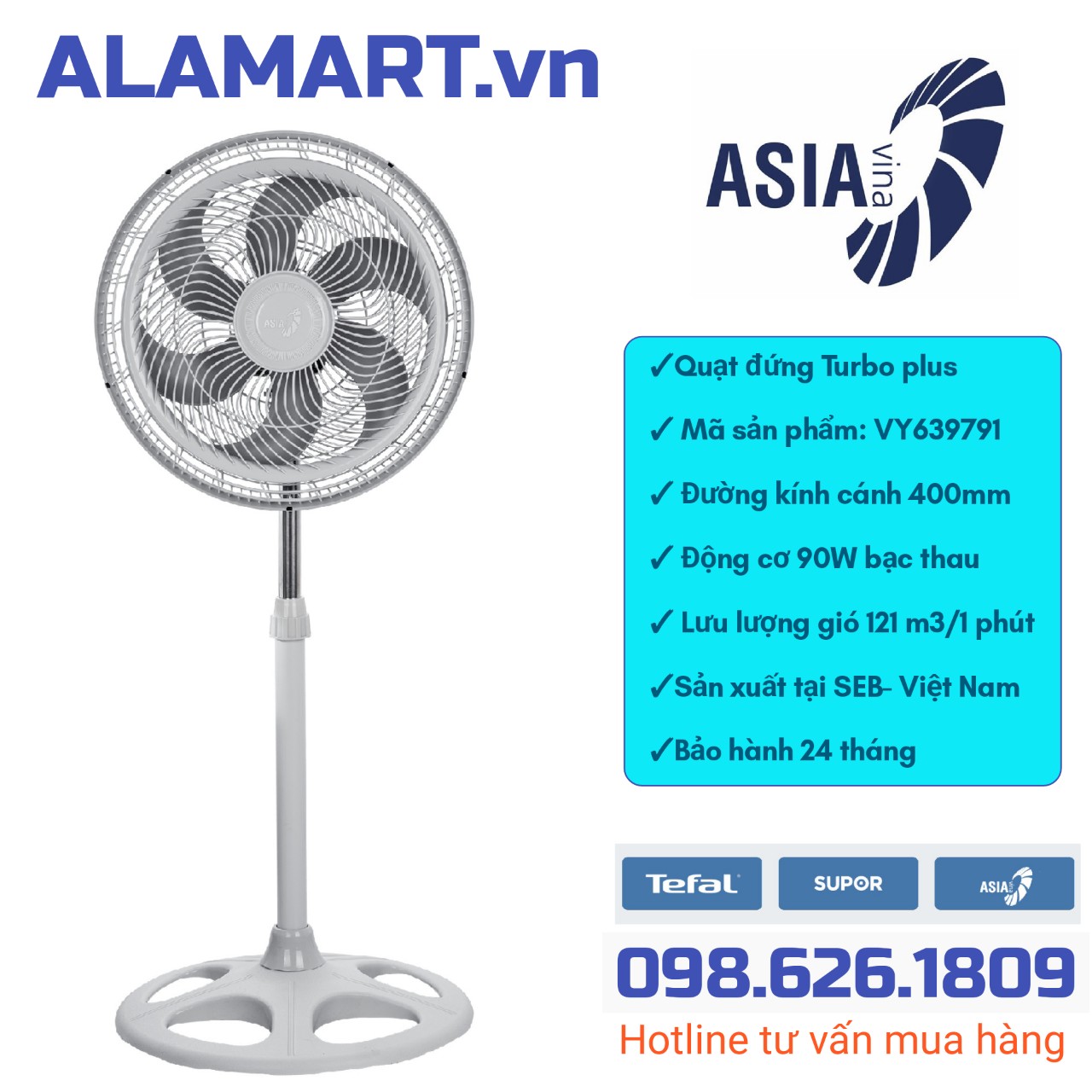 Quạt đứng asia turbo plus vy639791 90w hoạt động êm