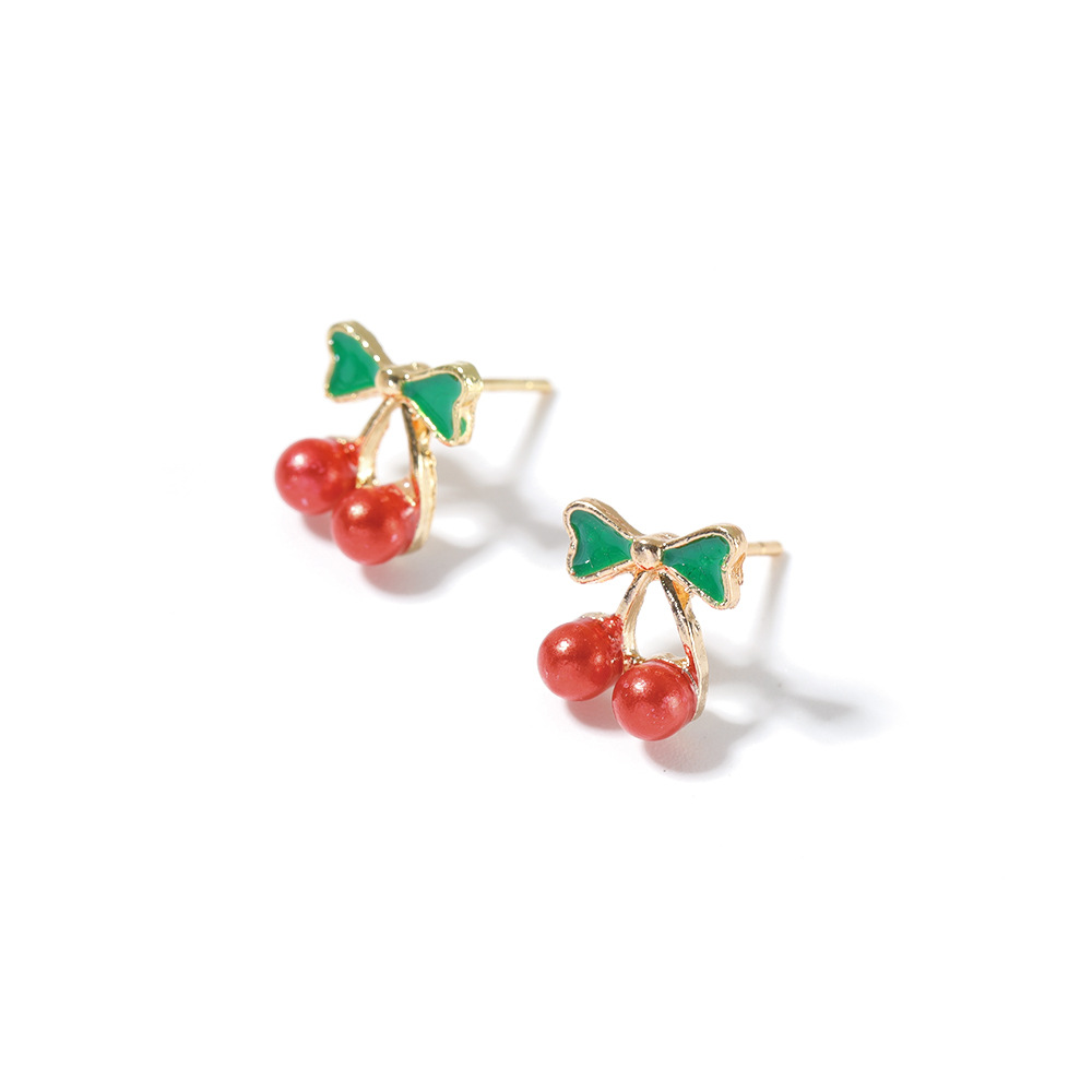 Khuyên tai bông tai nụ sát tai hình quả cherry mini gắn nơ xinh xắn dễ thương màu đỏ nổi bật dễ sử dụng tiện lợi cho nữ phong cách Hàn Quốc KT-35