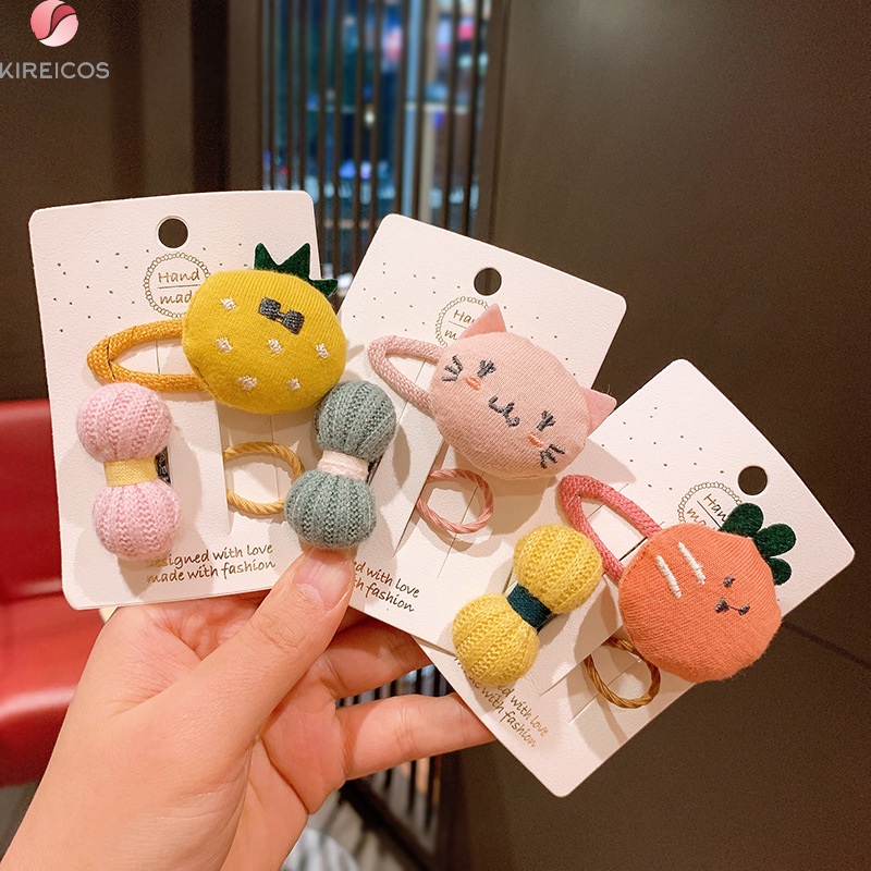 Set 2 Kẹp Tóc Cột Tóc Hình Thú Dễ Thường Và Nơ Len