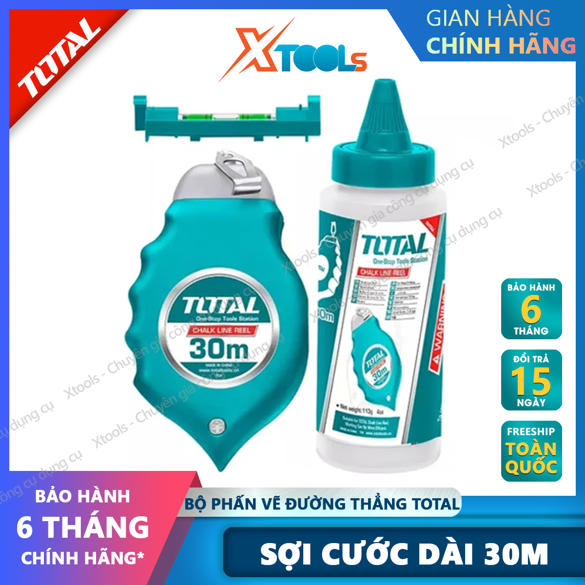 Thước búng mực bật mực TOTAL THT661301 30m , phấn vẽ đường thẳng dễ dàng tẩy xóa, tốc độ tua nhanh tặng kèm 1 thước đo