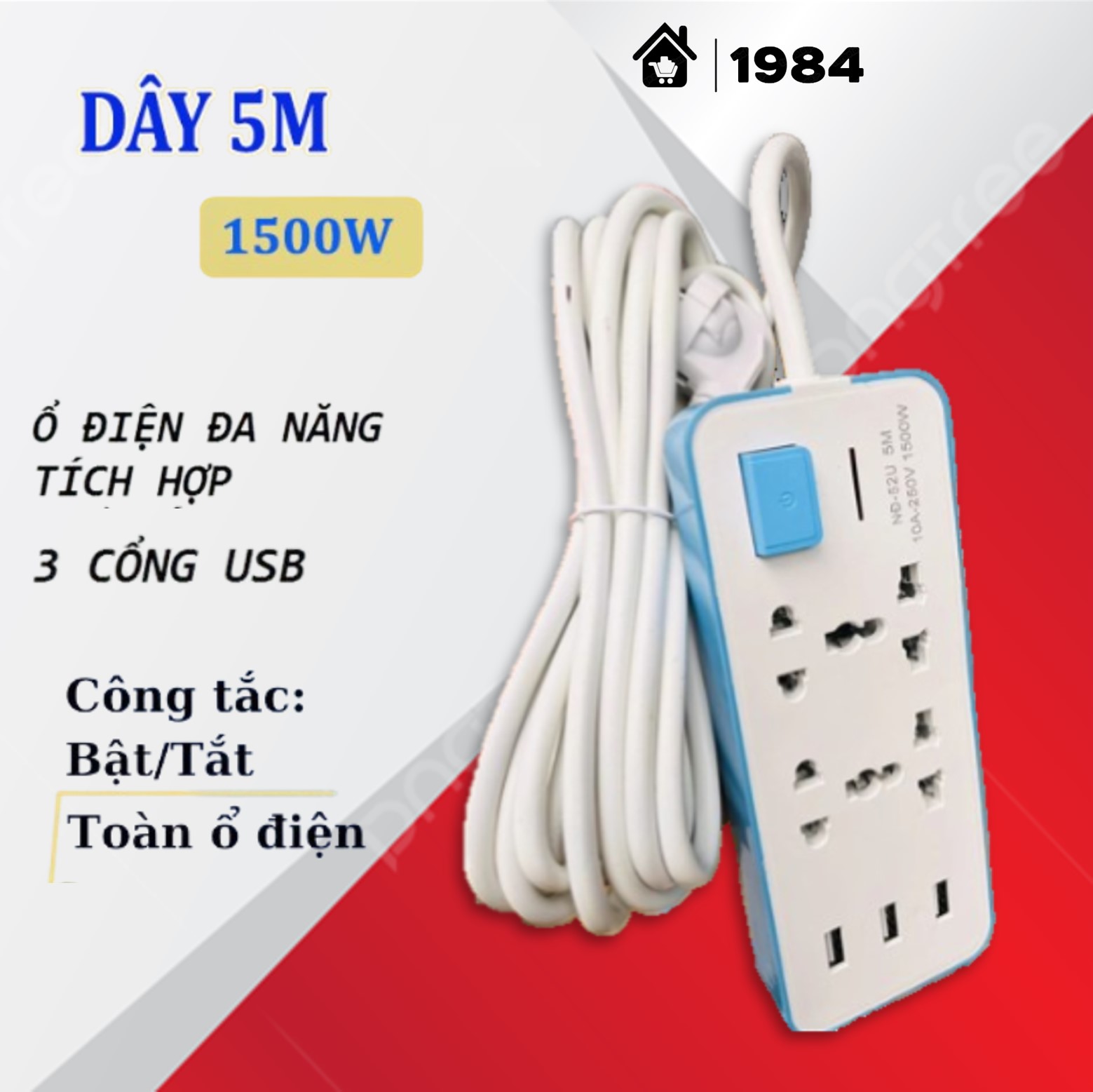 Ổ ĐIỆN THÁI LAN SOCKET NĐ-52U DÀI 5M 3 CỔNG USB