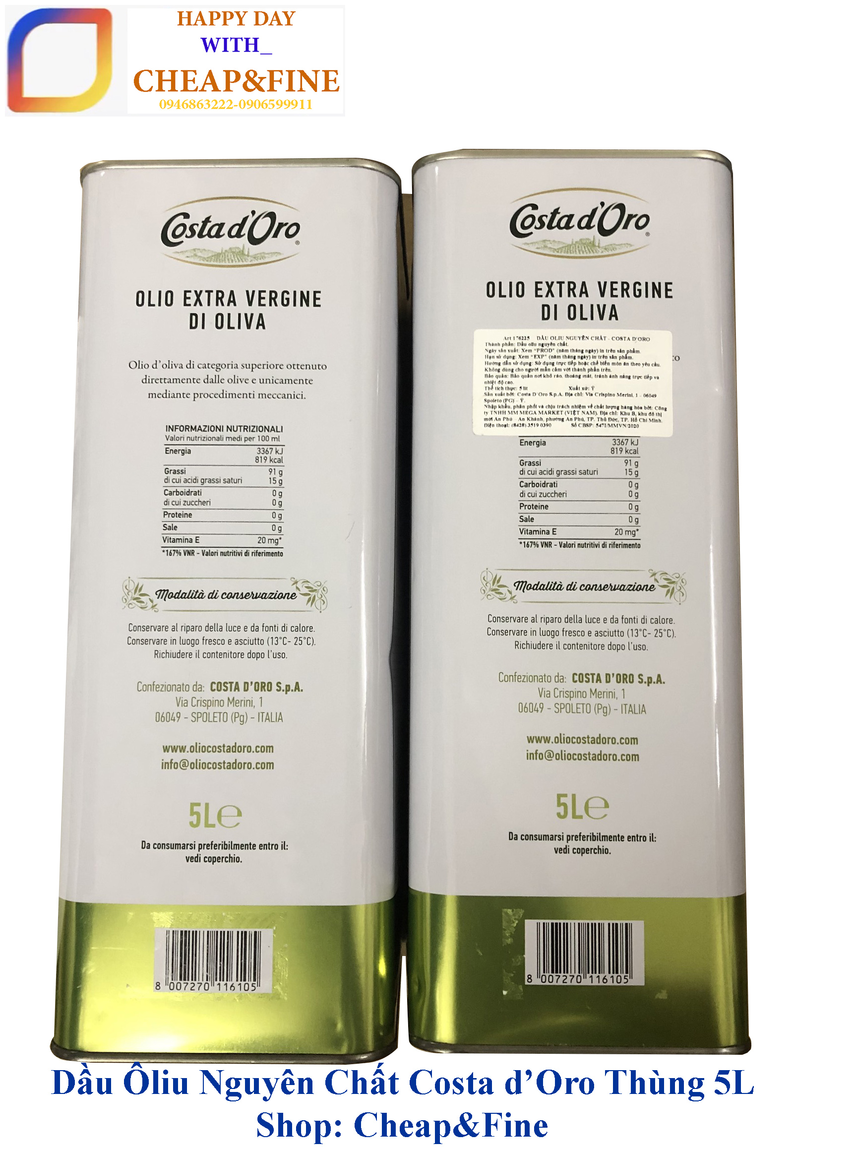 Dầu Oliu Olive Extra virgin Costa doro thùng 5L - Cheap&Fine