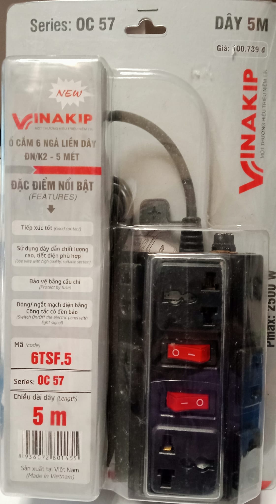 Ổ cắm điện chịu tải đa năng 2500w -10a ổ cắm 6 ngả đa năng liền dây10a/250v vinakip chính hãng