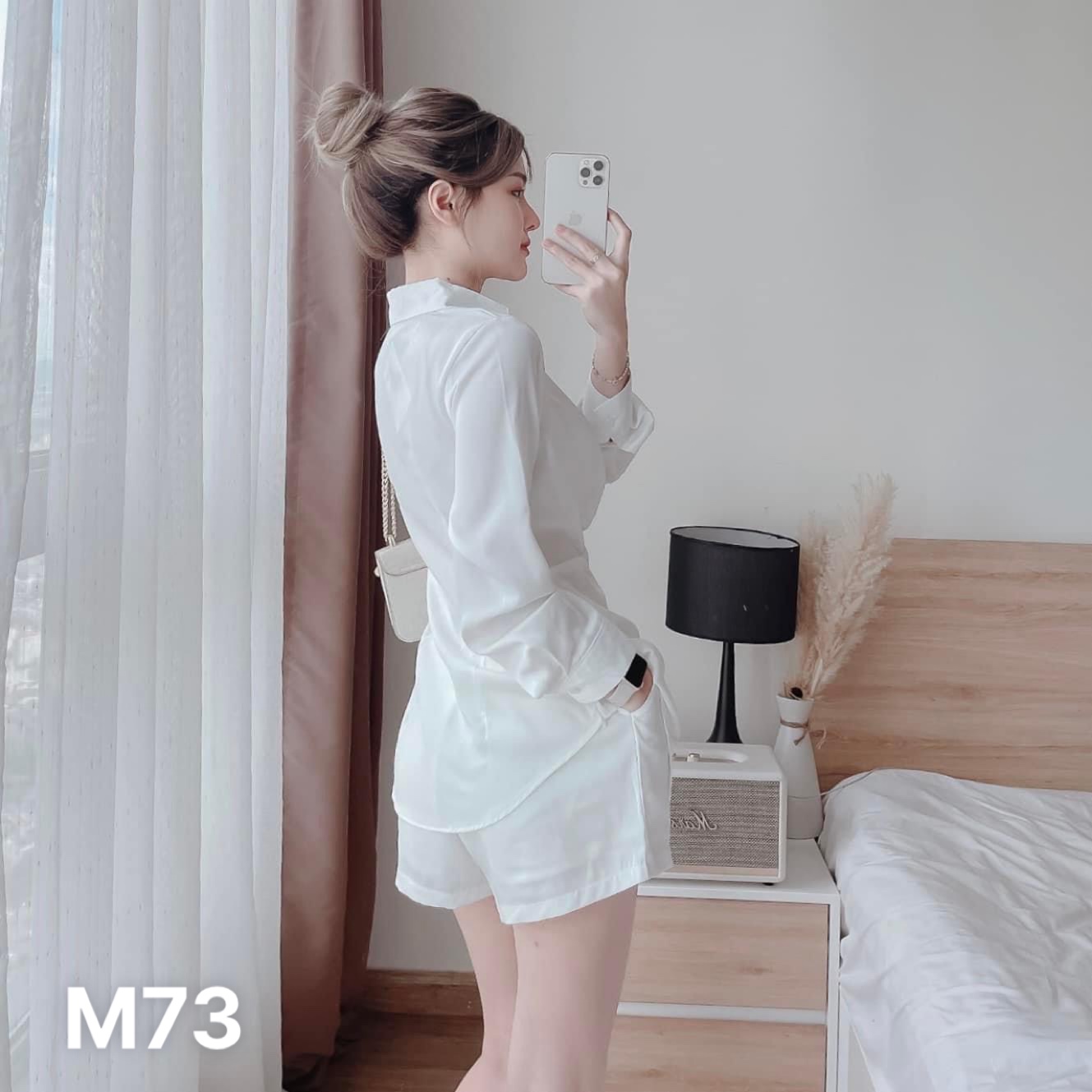 Set áo sơmi tuyết nhung xoắn eo và quần ngắn có túi M73