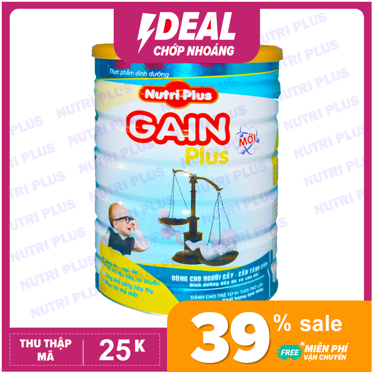 Sữa bột GAIN PLUS dùng cho người gầy NUTRI PLUS 900G - DAT2020