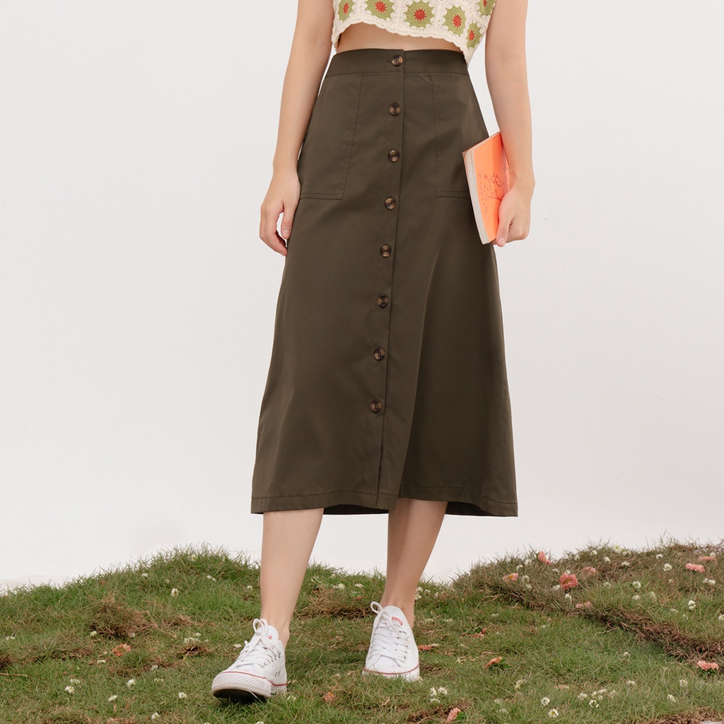BLEUBIRD Chân váy khaki dáng dài Olive Skirt