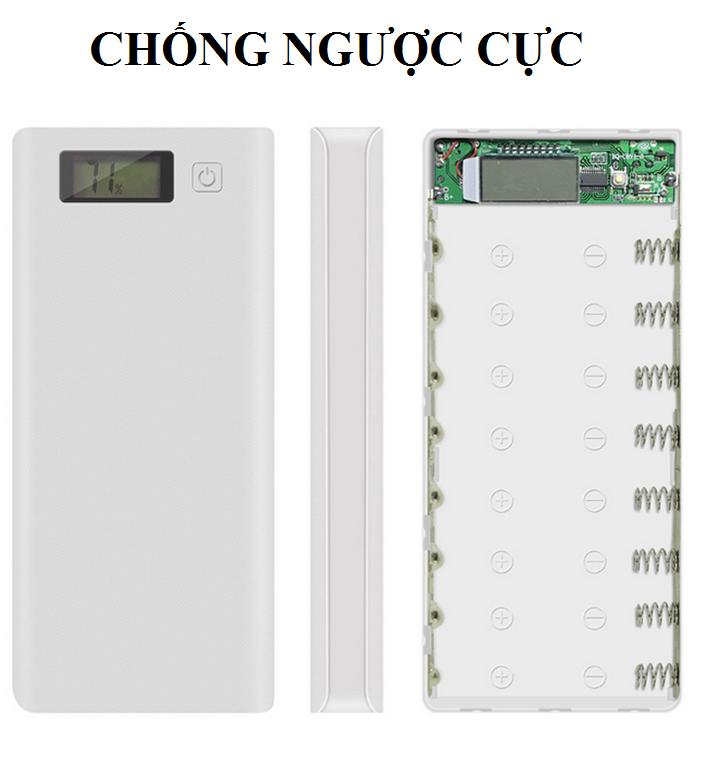 [CHỐNG NGƯỢC CỰC)Khung 8 pin sạc dự phòng 30.000mAh dùng pin laptop 18650 (Trắng, chưa pin), box sạc dự phòng, mạch sạc dự phòng, mạch sạc pin 18650, box sac du phong 8cell