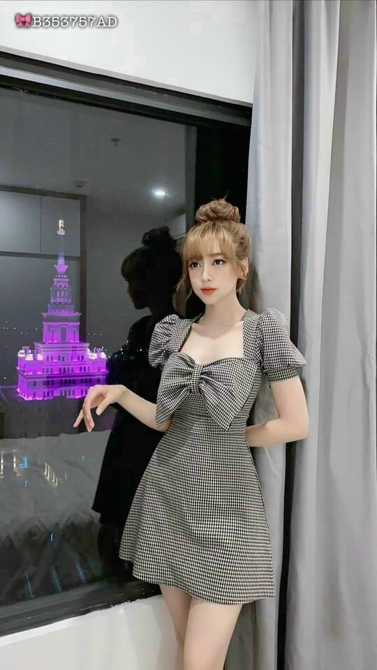 Đầm kiểu karo nơ ngực-TTS #damnu