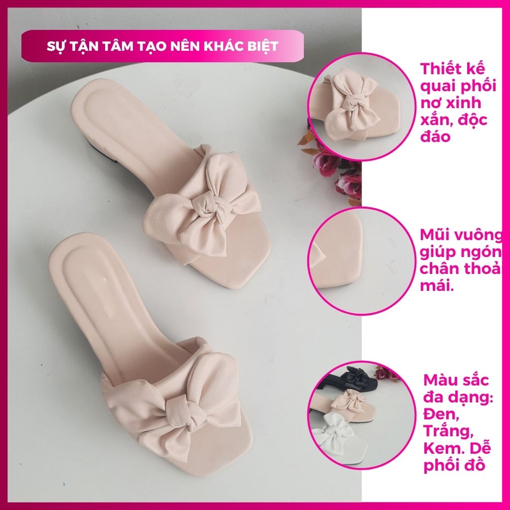 Dép cao gót nữ 3p đế vuông quai ngang phối nơ kiểu đẹp hàn quốc giá rẻ đi tiệc chơi làm đều được có màu đen trắng kem mã G3QNO PinkShopGiayDep