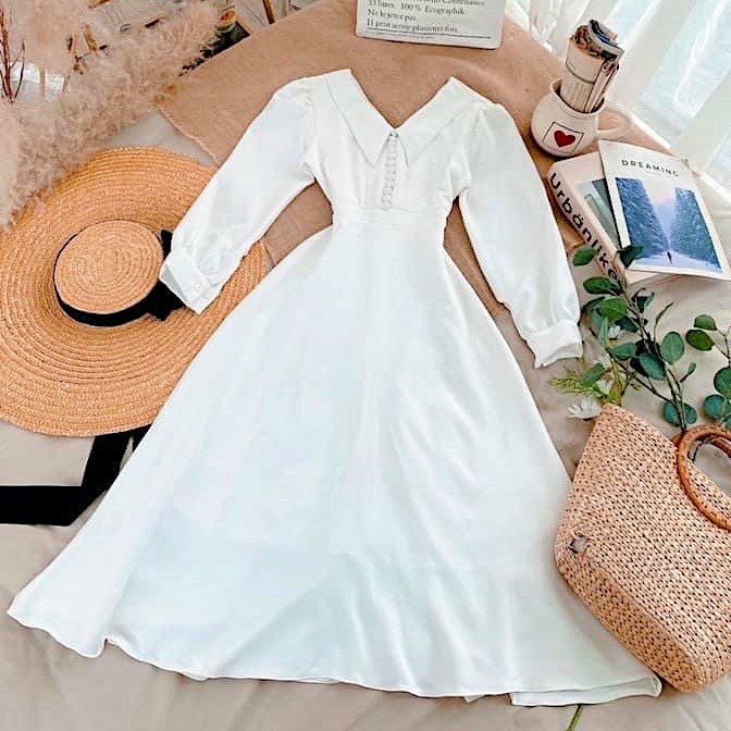 Đầm cổ vest nút bọc 2 màu