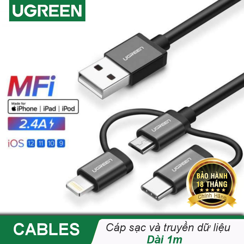 Dây cáp chuyển đổi (3 trong 1) USB 2.0 sang Lightning, Micro USB, Type-C dài 1m UGREEN US199 30784 - Hãng phân phối chính thức