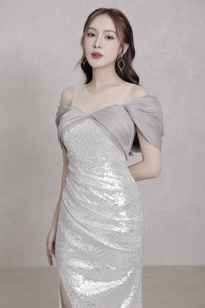 Đầm dạ hội kim sa rớt vai - yb221103