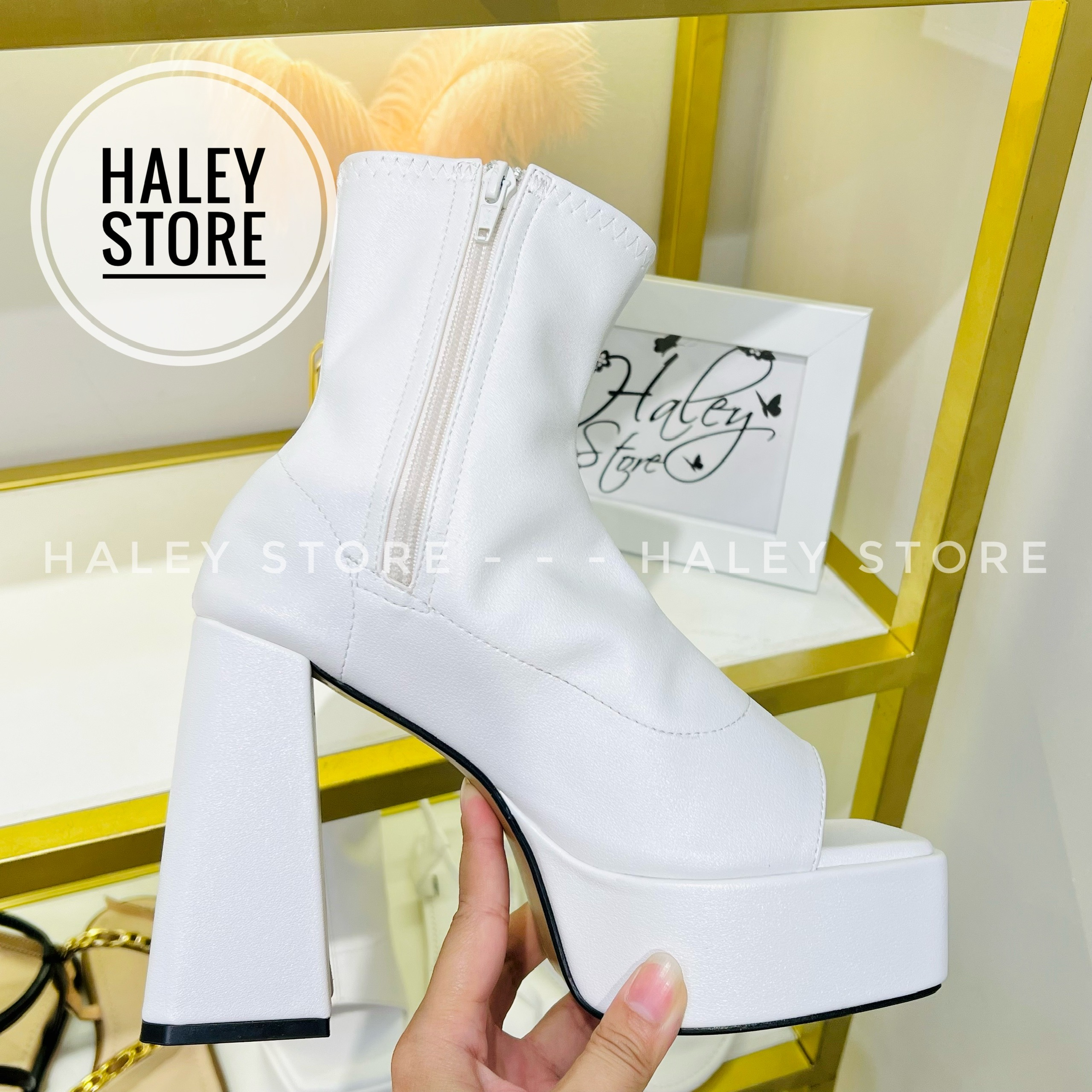 Giày bốt đúp hở mũi HALEY STORE cao gót 12cm mũi hở cao gót vuông rẻ bền đẹp đi chơi du lịch đi tiệc