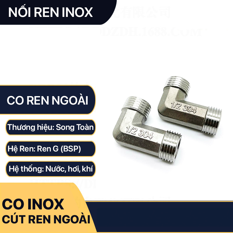 Co inox, co ren ngoài inox 1/2 , cút ren inox