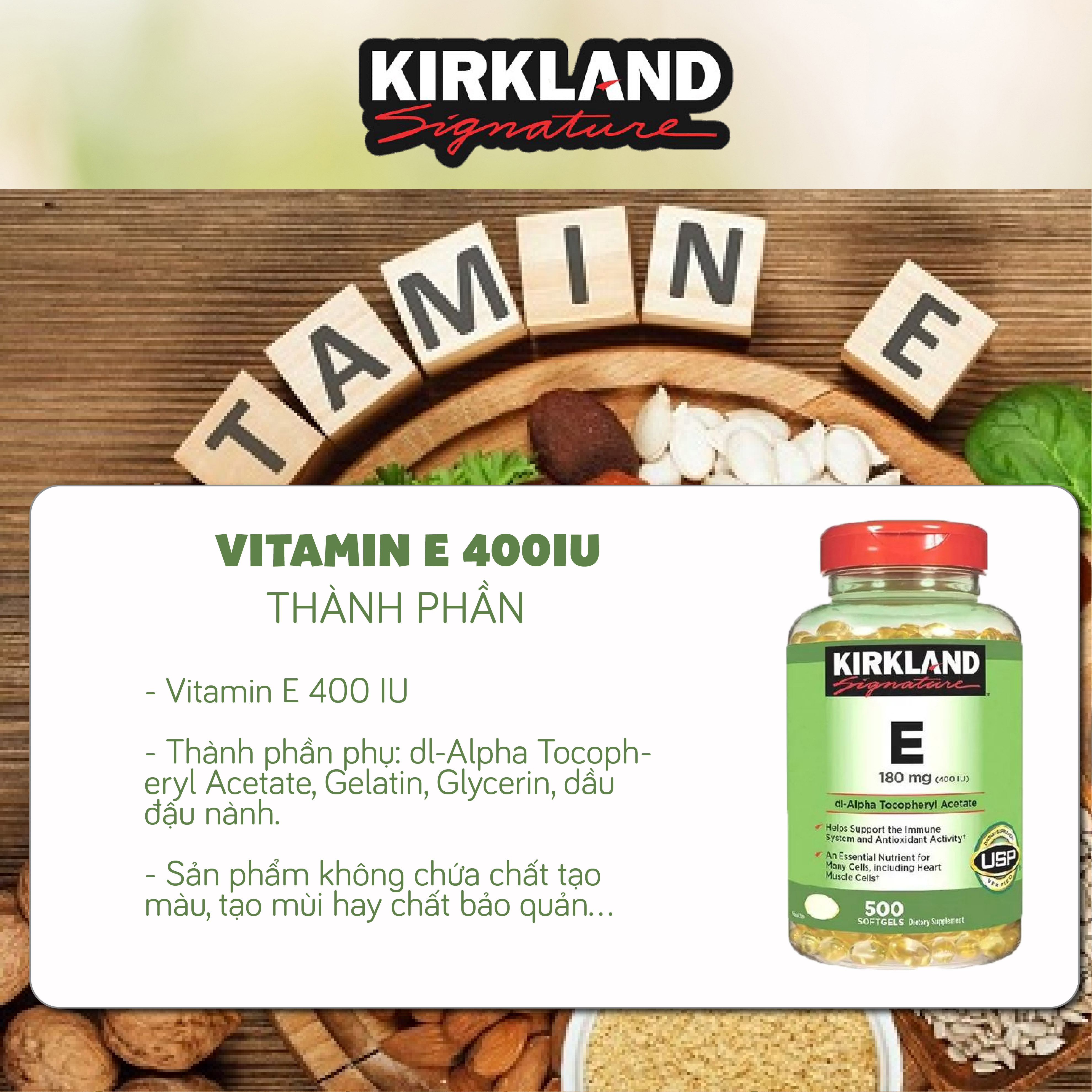 Viên uống bổ sung Vitamin E 400 IU Kirkland Signature giúp làm đẹp da Của Mỹ 500 viên