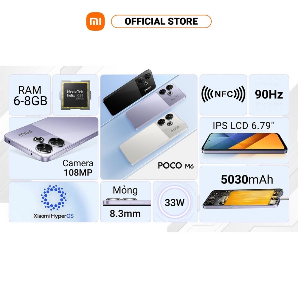 Điện thoại thông minh POCO M6 (6+128GB | 8+256GB) | Màn hình FHD+ 6,79" 90Hz | MediaTek Helio G91Ultra | Camera 108MP