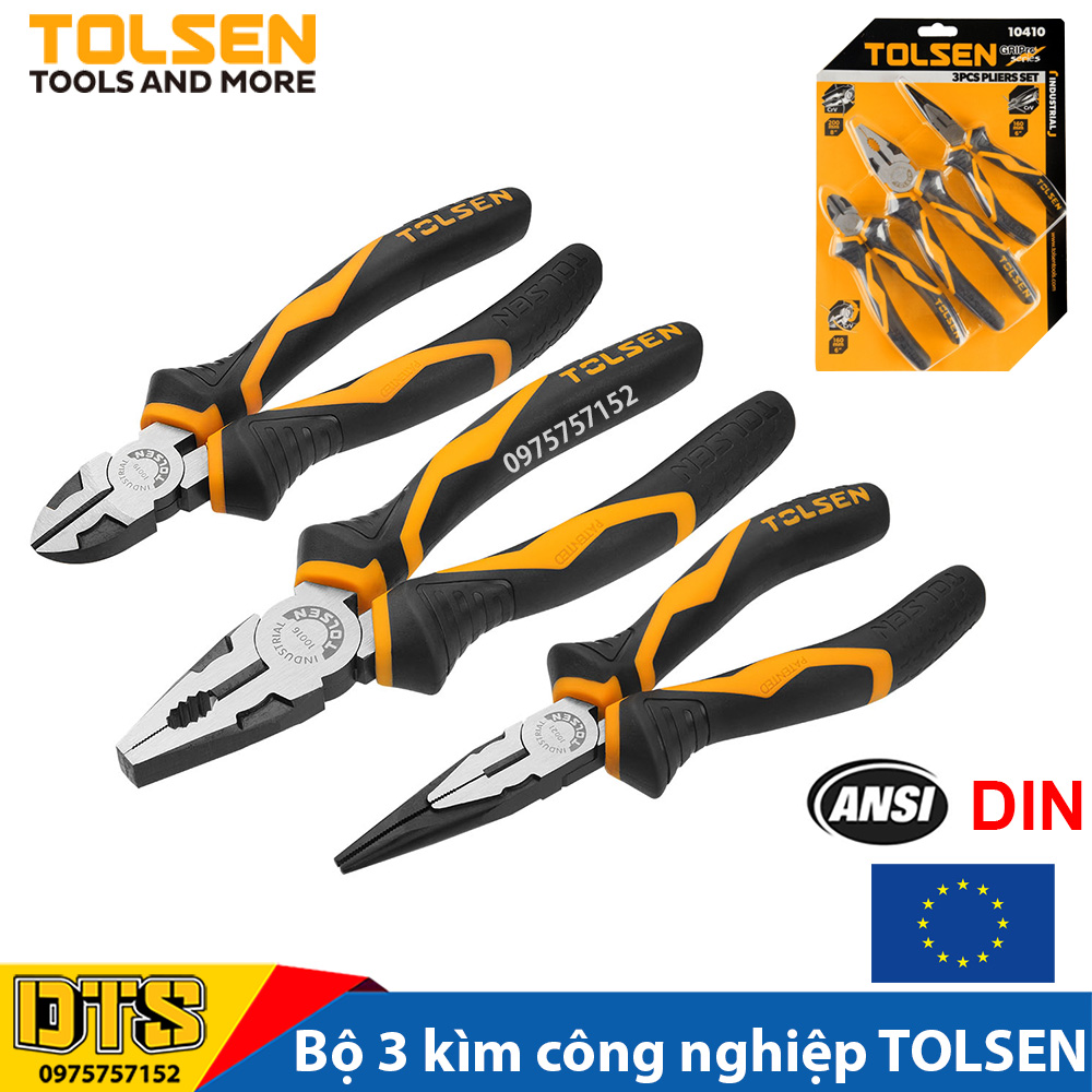 Bộ 3 kìm điện, kìm cắt, kìm nhọn cao cấp TOLSEN, chứng nhận chuẩn công nghiệp, thép CR-V, xử lý đen bề mặt - Tiêu chuẩn xuất khẩu Châu Âu