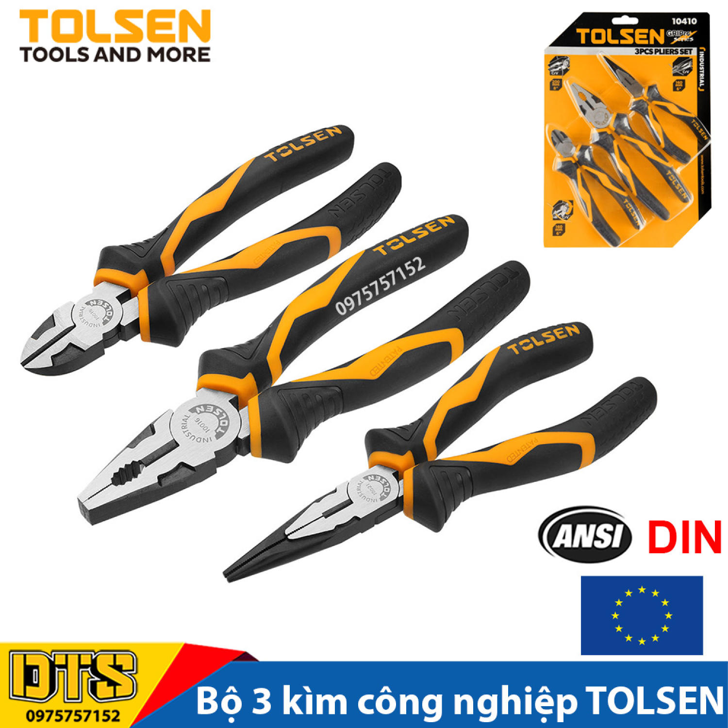 Bộ 3 kìm đa năng công nghiệp chính hãng TOLSEN 10410 | Tiêu chuẩn châu Âu | Kềm cắt kềm răng kềm mũi nhọn thép CR-V siêu cứng bền mạ Niken chống rỉ, cắt kẹp tuốt dây điện kim loại, kìm cắt, kìm nhọn, kìm điện STOOLS