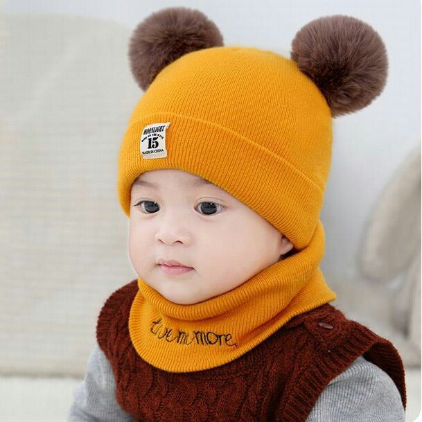 Sét mũ len hai qủa bông kèm khăn cho bé