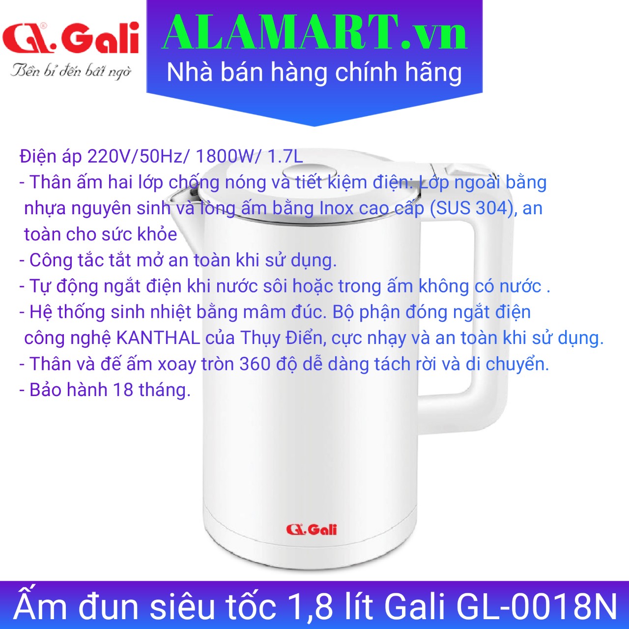 Bình đun siêu tốc Gali GL-0018N 1.7L - Công suất 1800W