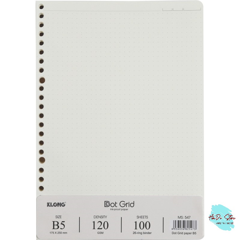 KLONG Ruột sổ DOT GRID kẹp còng size B5 - 100 tờ (MS:547)