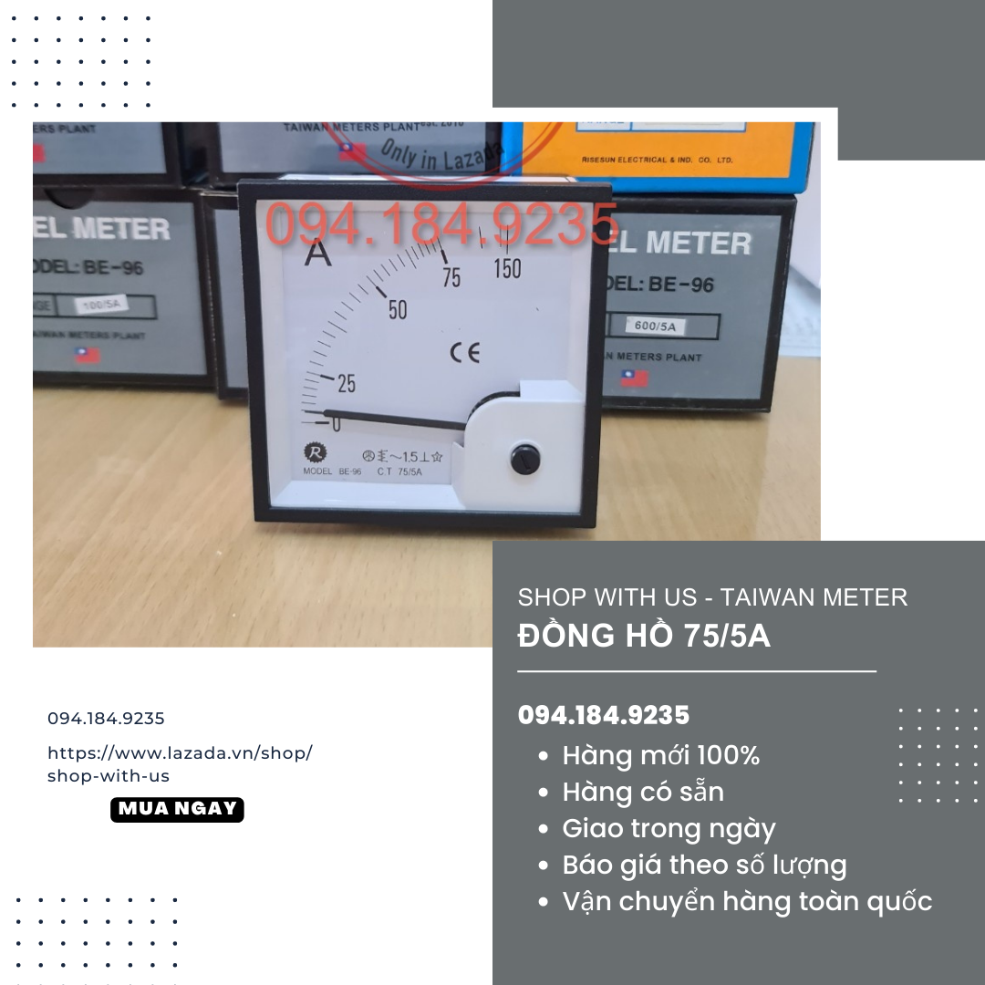 Đồng hồ 75/5a gián tiếp - đồng hồ 75a gián tiếp - đồng hồ ampe 96x96 - đồng hồ ampe taiwan meters - ampe kế - đồng hồ a be96