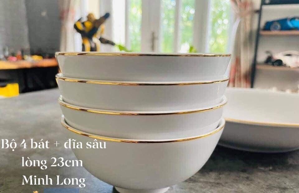 [HCM]BỘ 4 BÁT ĂN CƠM và ĐĨA SÂU LÒNG 23CM MINH LONG