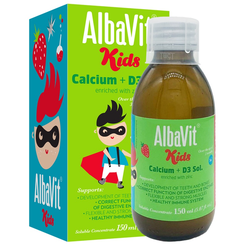 Albavit kids calcium + d3 sol. giúp phát triển xương và răng chắc khỏe, duy trì và tăng cường hệ miễn dịch