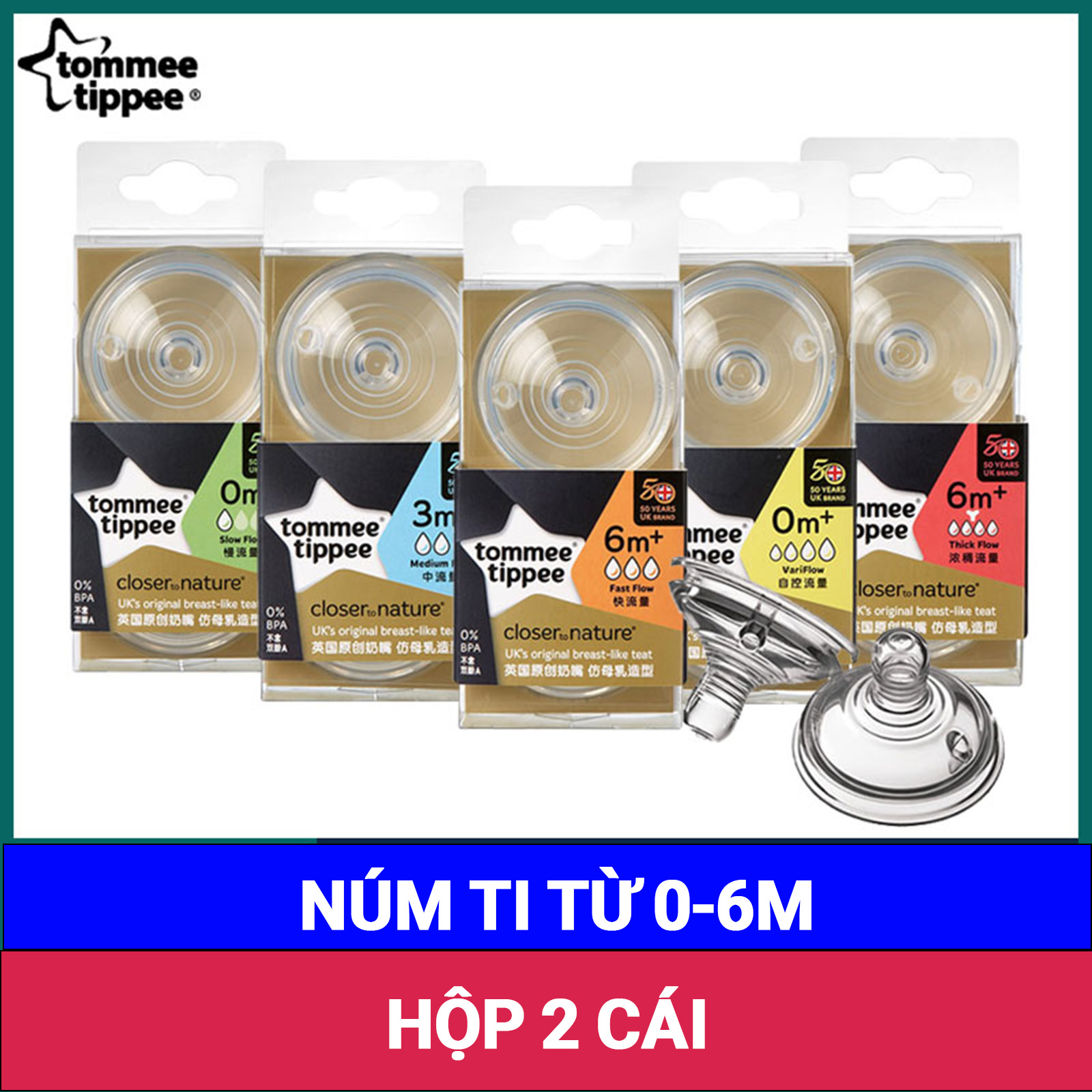 Núm ti 6+ ( Lỗ chữ Y) bộ 2 cái tommee tippee Anh (82029)