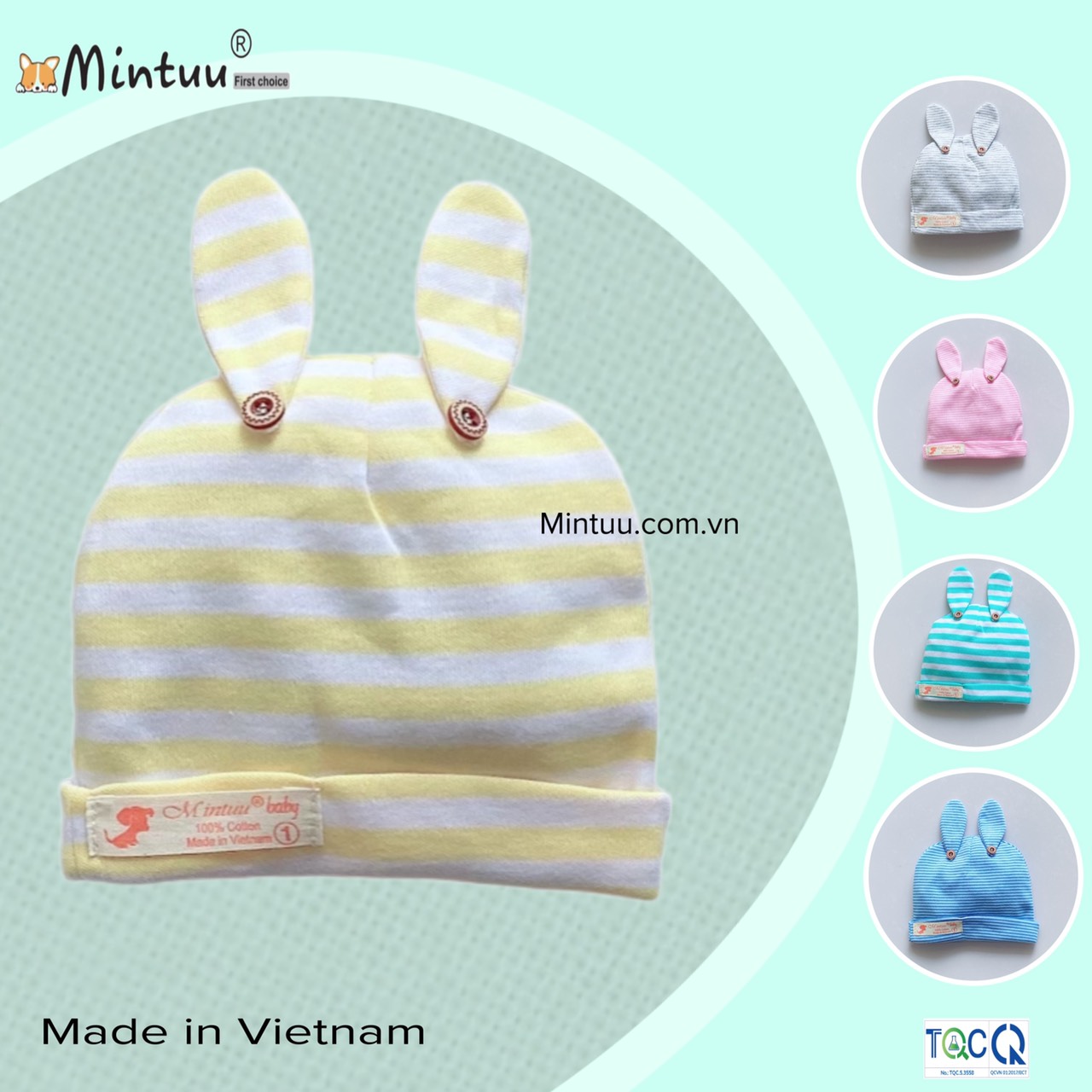 FREESHIP MAX - Mũ cho trẻ sơ sinh tai thỏ đính nút sọc màu, thương hiệu MINTUU - Thời trang và đồ dùng cho trẻ em - Hana’s kids