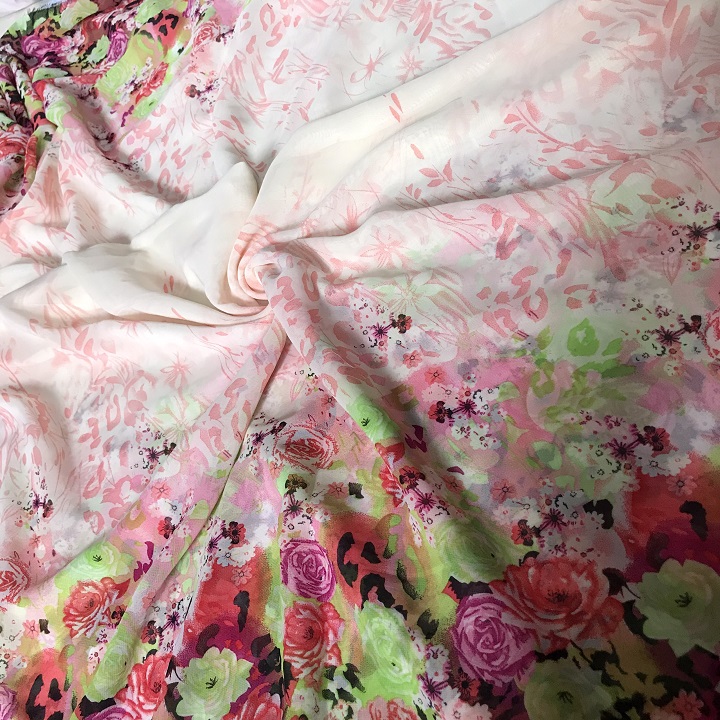 Vải voan chiffon hồng hoa chân 2 đầu, khổ 1m5 - chất mỏng, mềm rũ, co giãn nhẹ 2 chiều