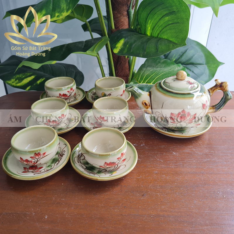 Bộ ấm chén Bát Tràng men bóng hoa sen 400ml